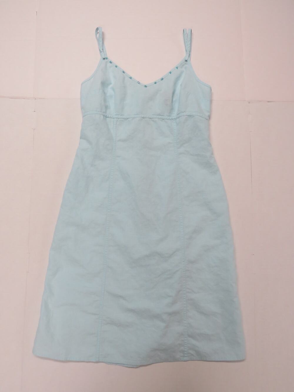 Y2K Babydoll H&M Womens 10 Linen Cotton Blend Beaded V-Neck Mini Dress 1990s